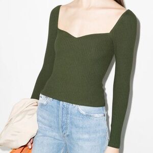 Reformation Green Ribbed knit top, sweatheart neckline, long sleeves, SZ Medium